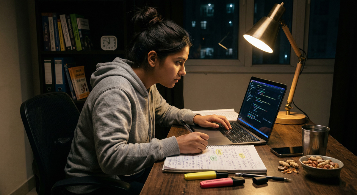 Indian student preparing for TCS interview studying late at night