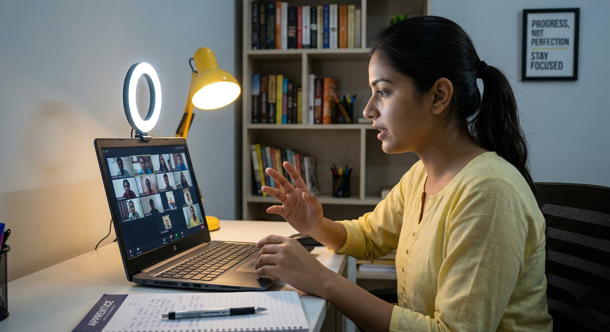 Professional preparing for interview on video call